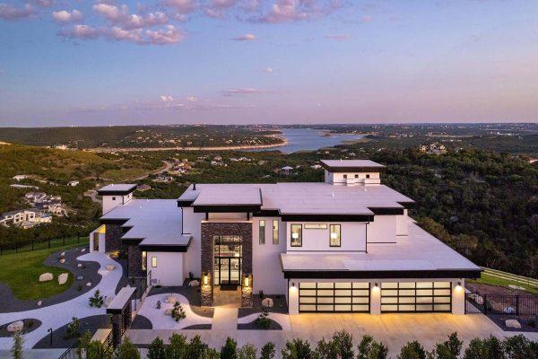 Modern Luxury Hill Top aerial lake view flat roof modern design Zbranek and Holt Custom Homes